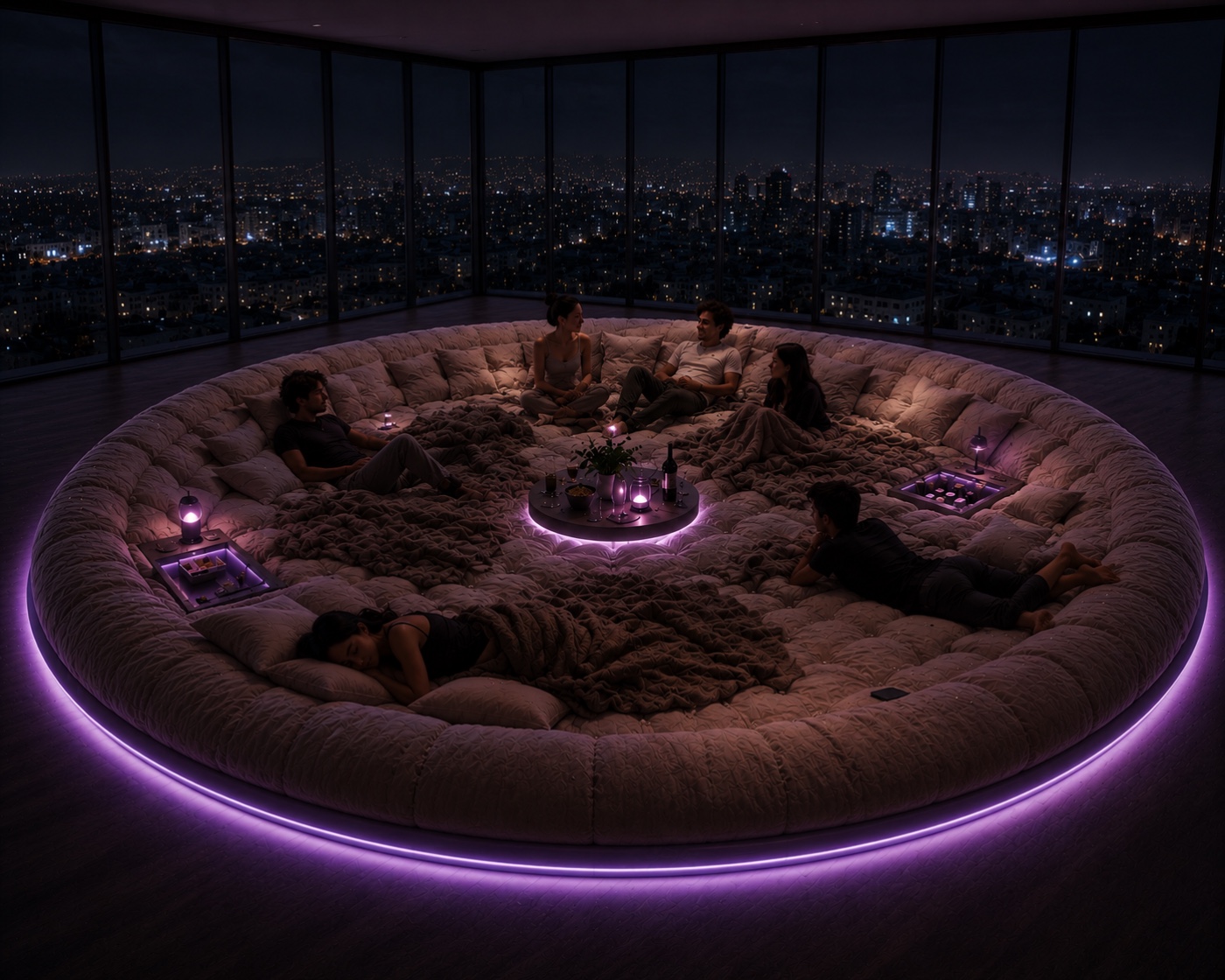 Social Nest conversation pit at night with purple LED glow