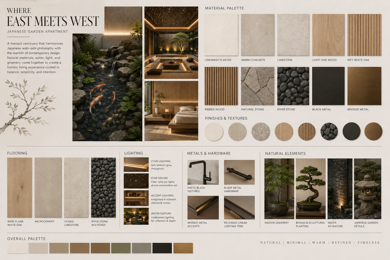 Material palette board — limewash plaster, warm concrete, limestone, oak, river stone, black and bronze metal, with flooring, lighting, hardware and natural-element studies