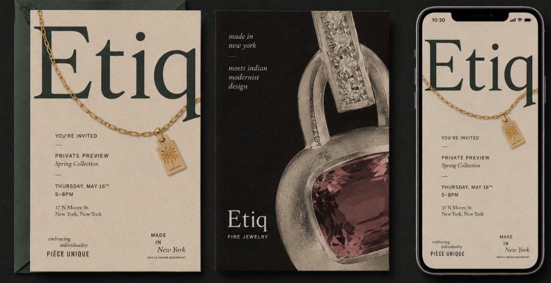 Etiq mailer suite — invitation card, dark cover and mobile