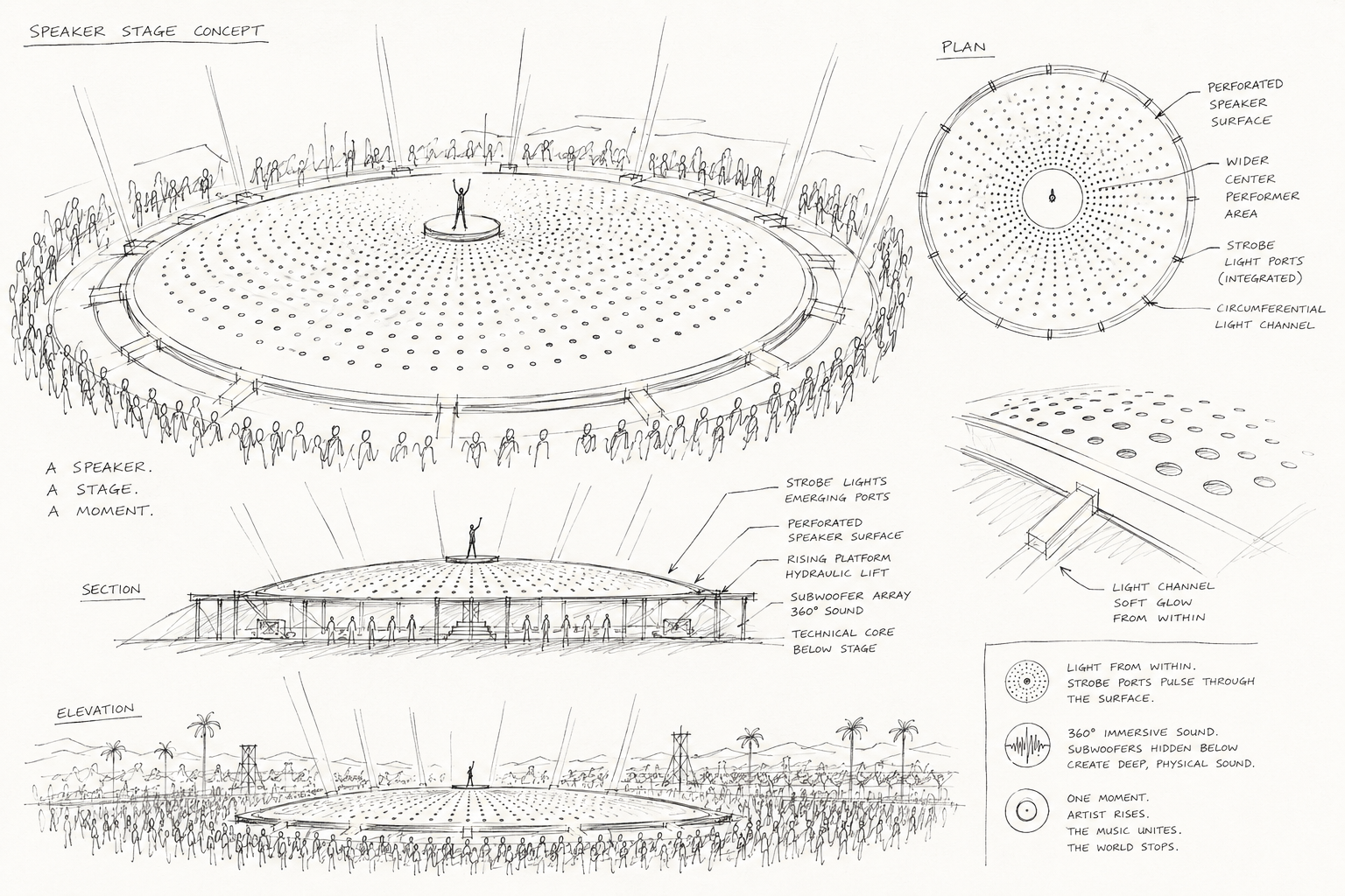 Hand-drawn speaker-stage concept board — perspective of a circular perforated stage surrounded by crowd, with section, elevation, plan and detail studies and concept notes